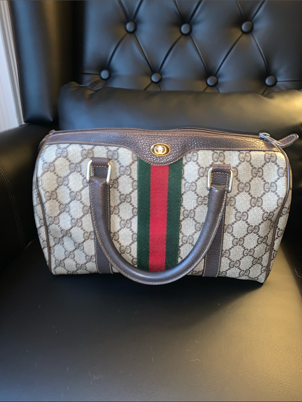 Gucci Brown GG Canvas Duffel with Green-Red Web Stripe